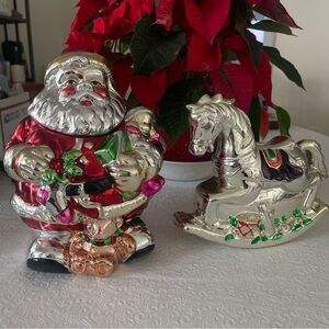Festive Santa Style Eyes Cookie Jar & Rocking Horse Holiday Decor Set